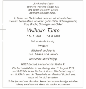 Nachruf Wilhelm Tünte