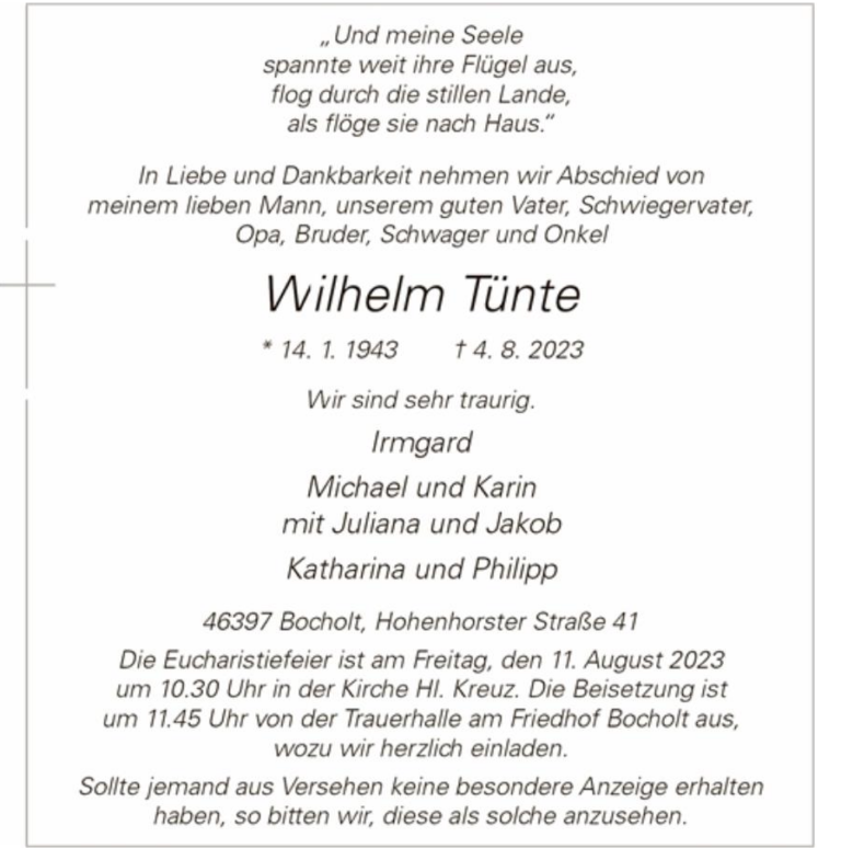 Nachruf Wilhelm Tünte